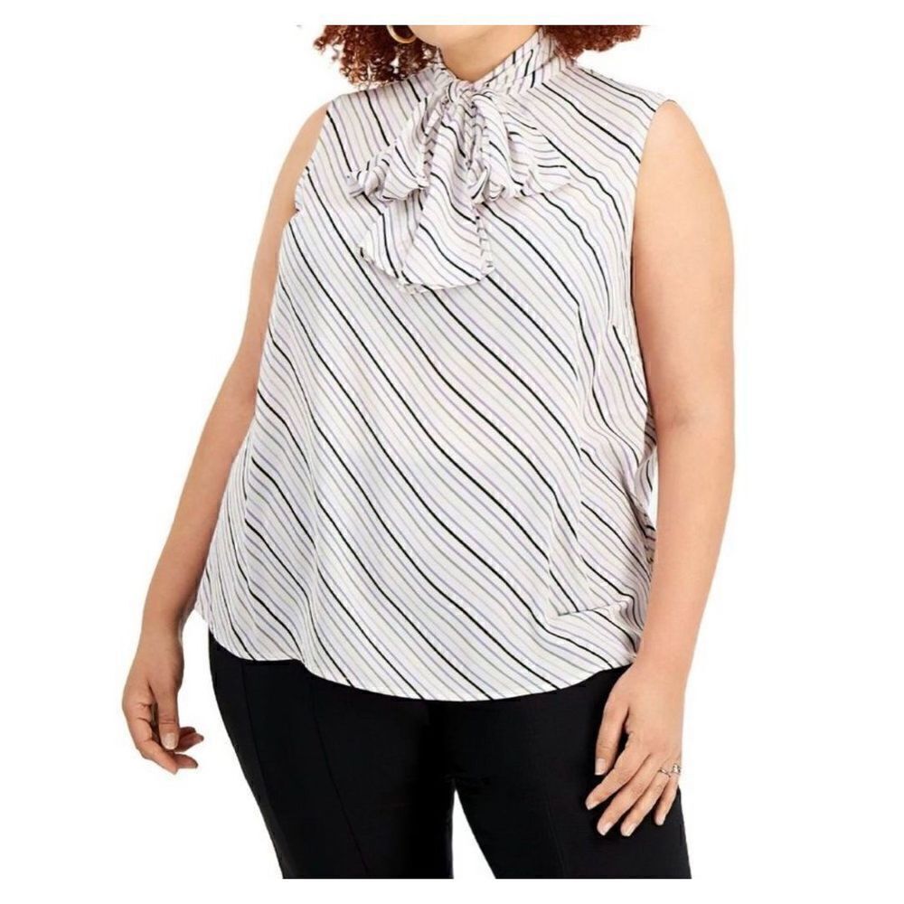 BAR III Women's Striped Tie-Neck Top